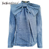 TWOTWINSTYLE Patchwork Bow Denim Women's Jacket Stand Collar Long Sleeve Vintage Ruched Jackets For Female 2020 Fashion Clothing