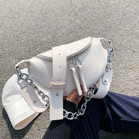 Silver Chain Design PU Leather Crossbody Bags For Women 2020 White Shoulder Messenger Handbags Small Chest Bag Travel