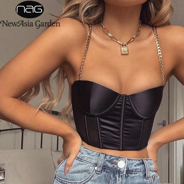 NewAsia Sexy Bustier Crop Top Women Clothing 2019 Summer Fashion Chain Strap Padded Satin Cropped Black Festival Top Streetwear