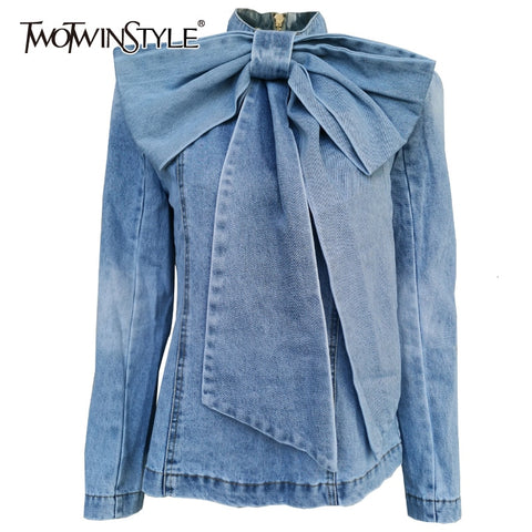 TWOTWINSTYLE Patchwork Bow Denim Women's Jacket Stand Collar Long Sleeve Vintage Ruched Jackets For Female 2020 Fashion Clothing