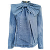 TWOTWINSTYLE Patchwork Bow Denim Women's Jacket Stand Collar Long Sleeve Vintage Ruched Jackets For Female 2020 Fashion Clothing