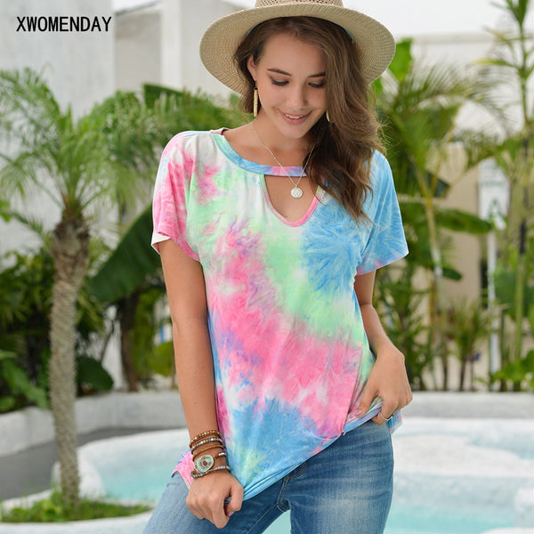 T-shirt Women Summer Tops Tie Dye Printed V-Neck Casual Ladies Clothing Tees Shirts Femme 2020 Fashion Red Womens Clothes Vogue