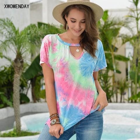 T-shirt Women Summer Tops Tie Dye Printed V-Neck Casual Ladies Clothing Tees Shirts Femme 2020 Fashion Red Womens Clothes Vogue