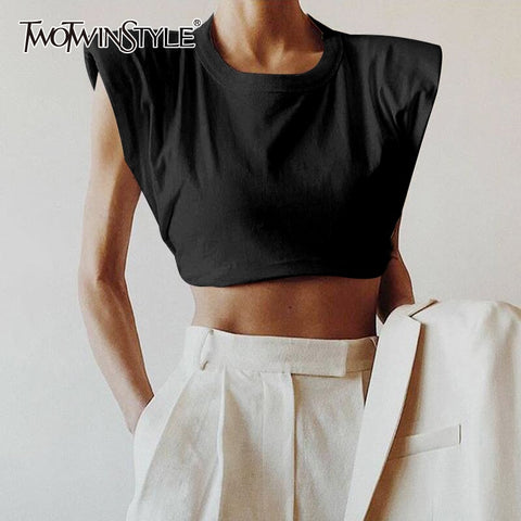 TWOTWINSTYLE Minimalist Women T Shirt O Neck Sleevelesss Elegant Short T-Shirt For Female Fashion Clothing 2020 Spring Summer