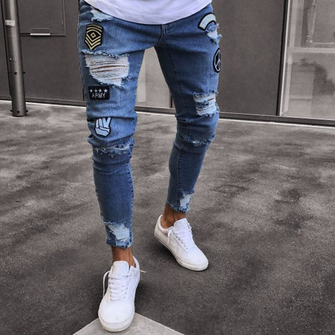hole embroidered jeans Slim men trousers NEW 2020 men's Casual Thin Summer Denim Pants Classic Cowboys Young Man black blue