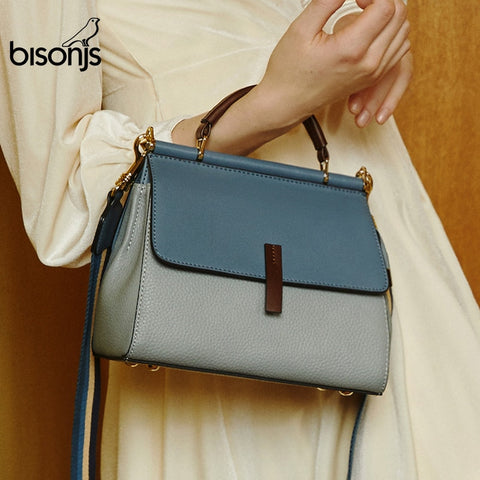 BISONJS Genuine Leather Luxury Handbags Women Bags Designer Large Capacity Female Messenger Bag Patchwork Shoulder Bag B1811